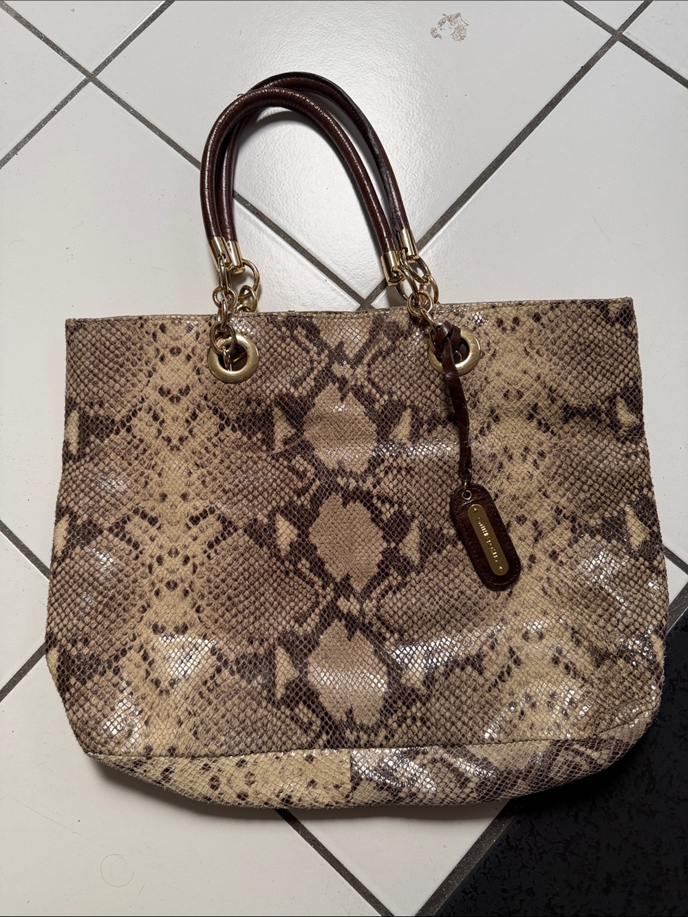 Cynthia Rowley Brown and Cream Snakeskin Tote with Gold Hardware